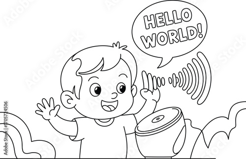 Happy boy talking to smart speaker, child interacting with voice assistant, kid saying hello world, young boy using digital assistant, technology communication for kids