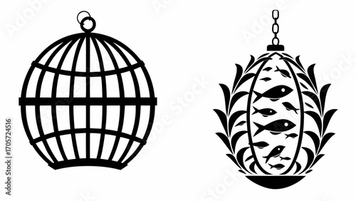 Illustration of two stylized cages one empty and one filled with fish and surrounded by leaves silhouette