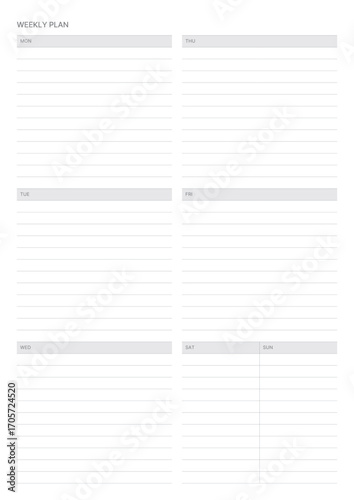 A weekly plan design template in a modern, simple, and minimalist style. Note, scheduler, diary, calendar, planner document template illustration.