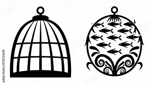 Black and white illustration of a birdcage and a fishbowl with fish and decorative swirls design element silhouette