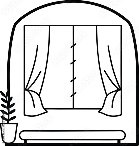 A minimalist line art illustration of a window with curtains and a potted plant on a windowsill, isolated on white background