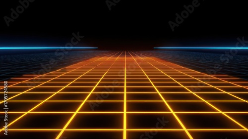 Glowing grid receding into darkness. Lines of orange and teal create a retro-futuristic perspective, blending into a deep black void above