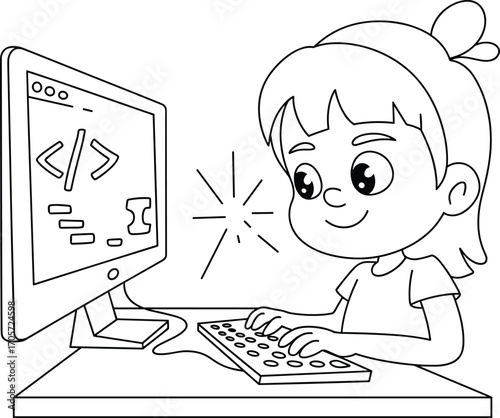 Happy young girl programming on desktop computer, beginner coding practice, child learning software development, technology education for kids, computer coding activity