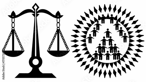 Balance scale with hanging pans and a circle of people surrounded by diamond shapes in black and white silhouette