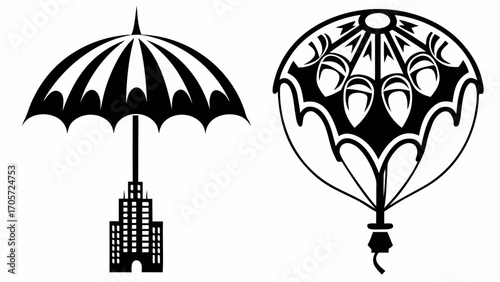 Illustration showing an umbrella with a building instead of a handle and a decorative hot air balloon design silhouette
