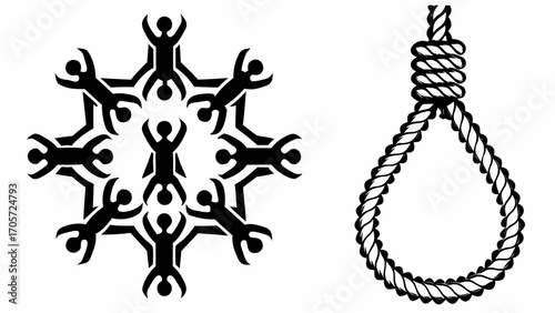 Illustration showing a circle of stylized figures and a noose hanging to the right on a white background silhouette