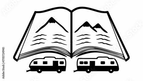 Illustration of an open book with mountain scenery and two trailers in black and white vector design art silhouette