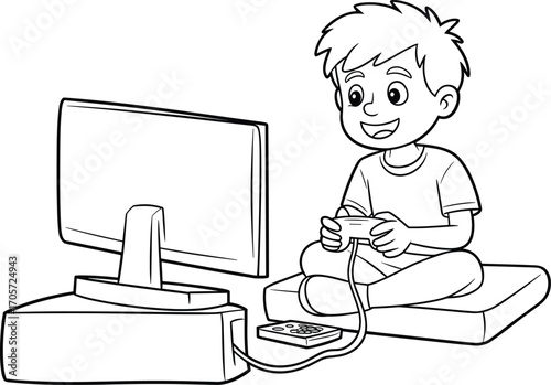 Happy boy playing video game, sitting cross-legged on cushion, retro game console connected to TV, indoor fun activity, child entertainment, black and white