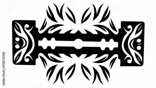 Stylized razor blade with ornate floral designs in black and white symmetrical composition artfully crafted silhouette