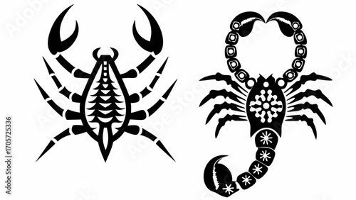 Two black and white scorpion designs with detailed bodies and menacing claws displayed prominently here silhouette