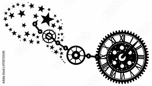 Clockwork mechanism with stars and gears connecting to a clock face in a black and white illustration silhouette