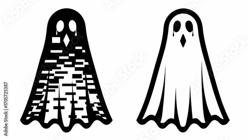 Two stylized ghosts one solid black with pixelation and the other outlined in black on white background silhouette