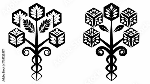 Two stylized black trees with hexagonal leaf containers and spiral trunks on a white background art silhouette