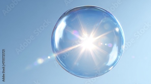 A translucent, shimmering bubble floats against a clear blue sky, reflecting a bright burst of sunlight, creating a lens flare effect