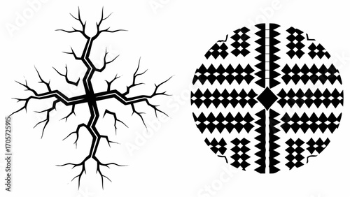Illustration of a crack like pattern with branches and a circle filled with diamond shapes in black and white silhouette