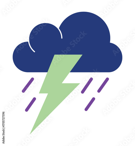 Minimalist storm cloud illustration with rain and lightning. A simple and colorful graphic for severe weather warnings and meteorological apps.