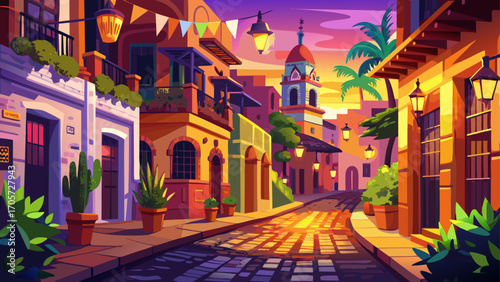 In San Miguel de Allende, Mexico, vibrant colonial architecture glows in soft evening light, cobbled streets echoing with music under colorful papel picado banners.