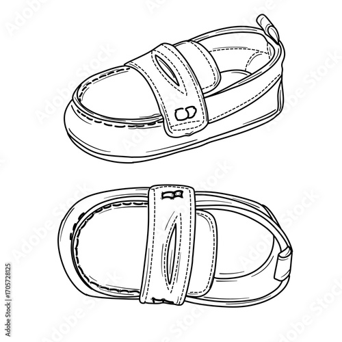 Black and white line drawing of a babys slip-on shoe, showing both top and bottom views. The design includes a strap and a simple sole.