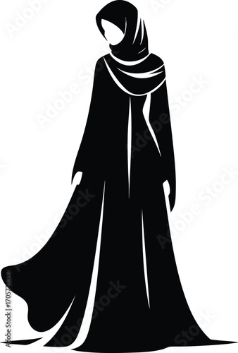 Black Silhouette of Muslim Woman in Traditional Dress vector illustration on a white background 