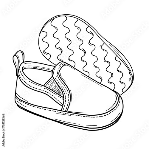 Line art drawing of baby shoes, simple design, slip on style, sole detail shown