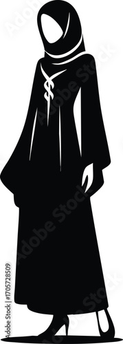 Black Silhouette of Muslim Woman in Traditional Dress vector illustration on a white background 
