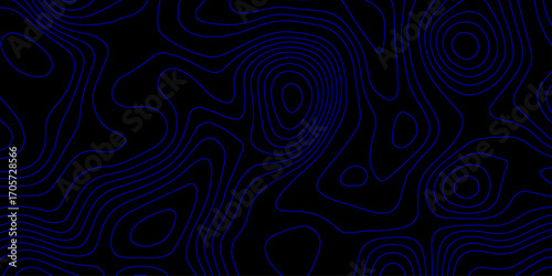 Minimalistic Topographic Wave Pattern with Neon Blue Contour Lines on Black Background Ideal for High-Tech Design, Mapping and Scientific Visualization