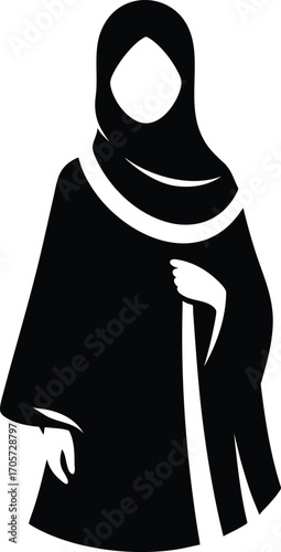 Black Silhouette of Muslim Woman in Traditional Dress vector illustration on a white background 