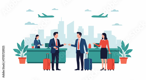 Business Travel Illustration – Flat Vector of People with Luggage at Airport and Airplanes over City