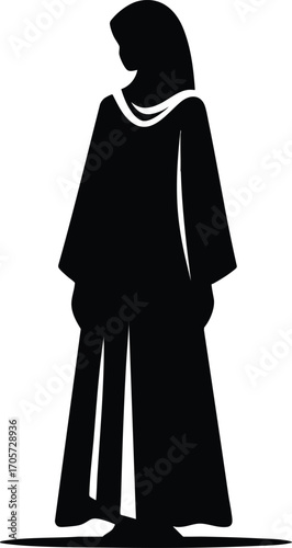 Black Silhouette of Muslim Woman in Traditional Dress vector illustration on a white background 