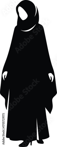 Black Silhouette of Muslim Woman in Traditional Dress vector illustration on a white background 