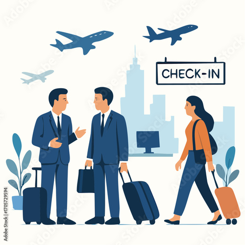 Business Travel Illustration – Flat Vector of People with Luggage at Airport and Airplanes over City