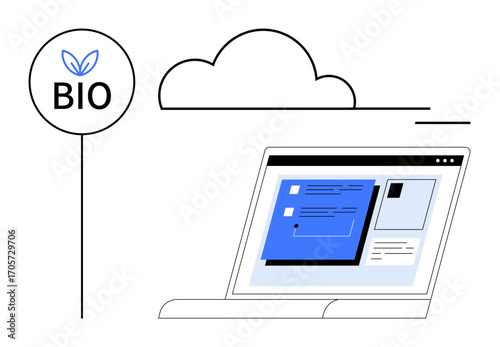 Laptop screen showcasing digital content, bio icon with leaf, and minimalist cloud shape. Ideal for technology, environment, innovation, digital strategies, eco-consciousness, online platforms