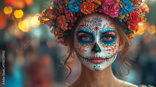 Celebration of Dia de los Muertos with vibrant sugar skull makeup in Mexico