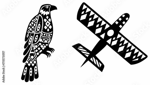 A stylized black and white drawing of an eagle and a plane with geometric patterns throughout it all silhouette