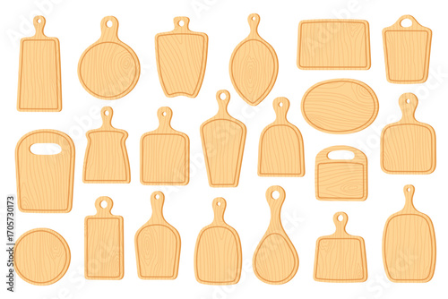 Vector set of wooden cutting boards in different shapes. Kitchen utensil illustration for cooking, food design, recipe, menu decoration.