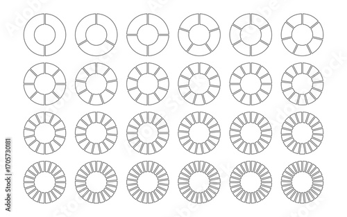 Black line donut chart set. Simple Circle graph with section. Outline Pie chart icons. Radial doughnut diagram. Minimal black and white ring infographic element