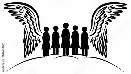 Silhouette of five people standing on a hill with angel wings behind them in black and white drawing
