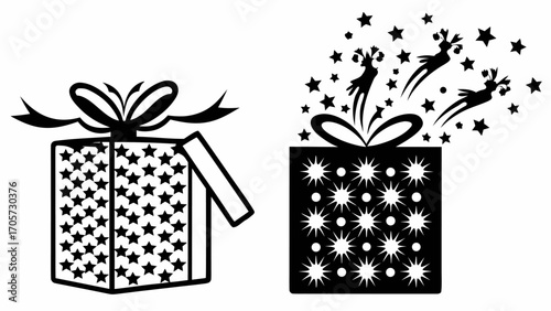 Two christmas gift boxes with stars and reindeer jumping out in black and white illustration style art silhouette