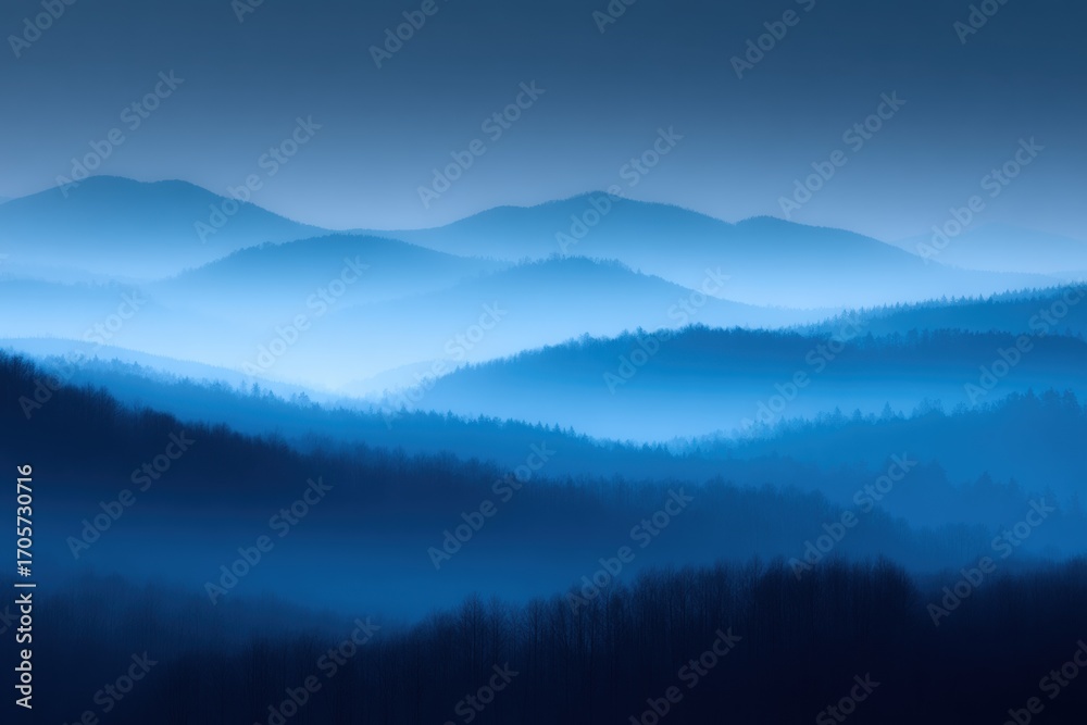 Obraz premium Misty Mountain Range: A serene landscape of layered mountain silhouettes bathed in the cool hues of blue, with a soft and ethereal haze. Evoking tranquility and the immensity of nature.