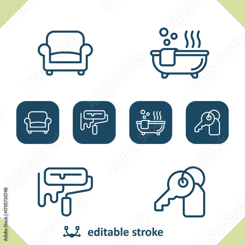 Home Icons. Armchair, Bathtub, Paint Roller, Key, Real Estate Icon