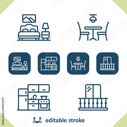 Home Icons. Bedroom, Dining Room, Kitchen, Balcony Icon
