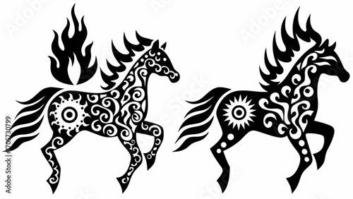 Two horses with decorative patterns and flame like manes in black and white silhouette designs illustration