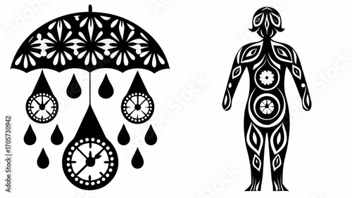Black and white umbrella with floral design and clocks as raindrops next to an abstract human figure art silhouette