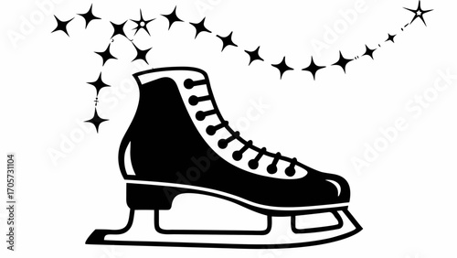 A black and white illustration of an ice skate with stars trailing above it in a decorative pattern silhouette