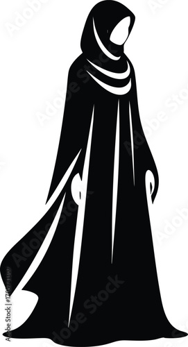 Black Silhouette of Muslim Woman in Traditional Dress vector illustration on a white background 