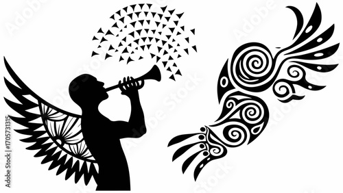 Silhouette of winged figure blowing horn with triangles and abstract wing design on a white background