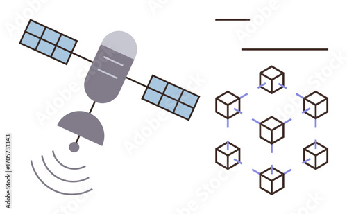 Satellite transmitting signals to blockchain cubes. Ideal for technology, connectivity, blockchain, satellite communication, innovation, data sharing, global networks. Simple flat metaphor