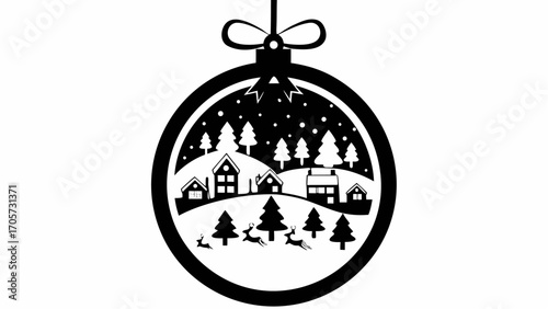 A christmas ornament with a winter scene inside featuring houses trees snow and reindeer in black and white silhouette