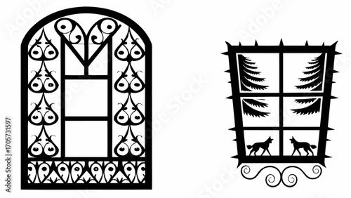 Two decorative window designs with ornate ironwork and stylized nature elements in black and white style silhouette