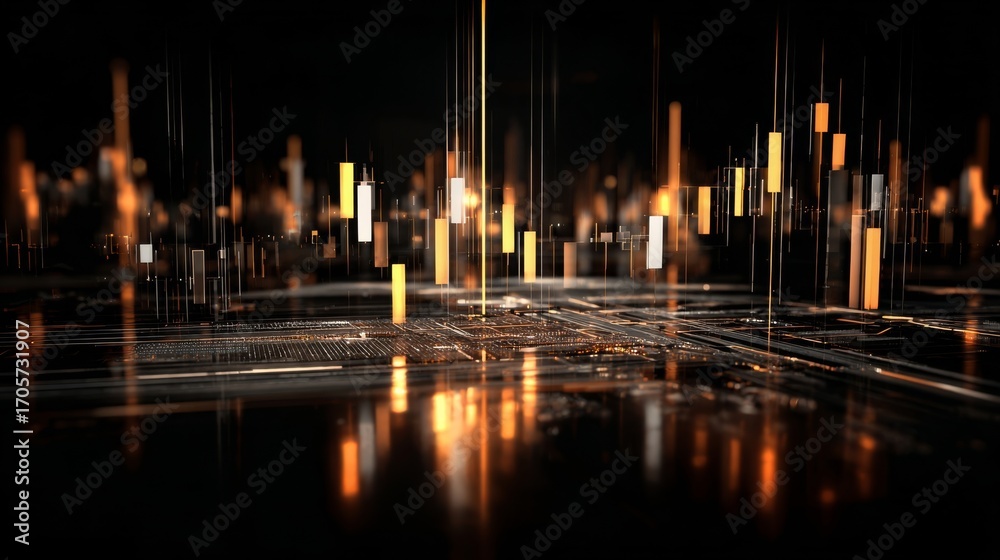 Fototapeta premium Futuristic digital financial data visualization with glowing vertical bars in yellow and orange colors against a dark ba